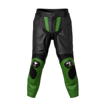Kvell Sports black and green motorcycle leather racing pants with knee protection