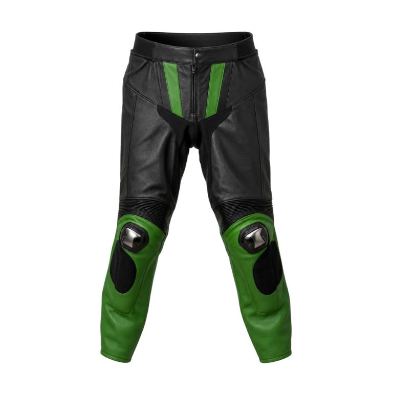 Kvell Sports black and green motorcycle leather racing pants with knee protection