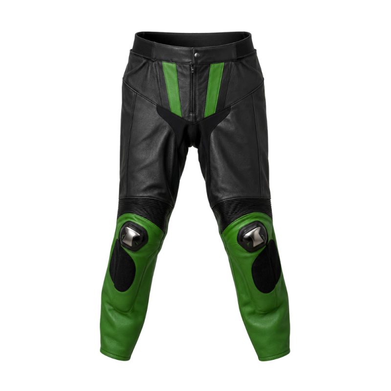 Kvell Sports black and green motorcycle leather racing pants with knee protection