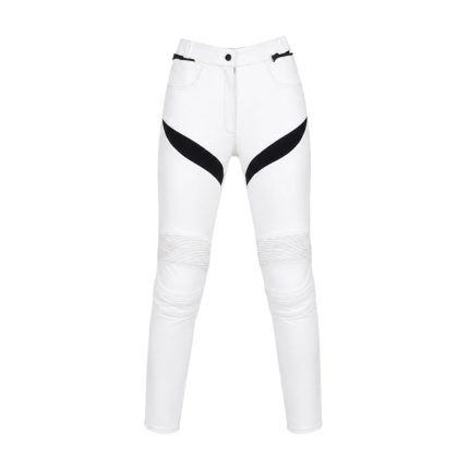 Kvell Sports women’s white motorcycle leather riding pants with black panels