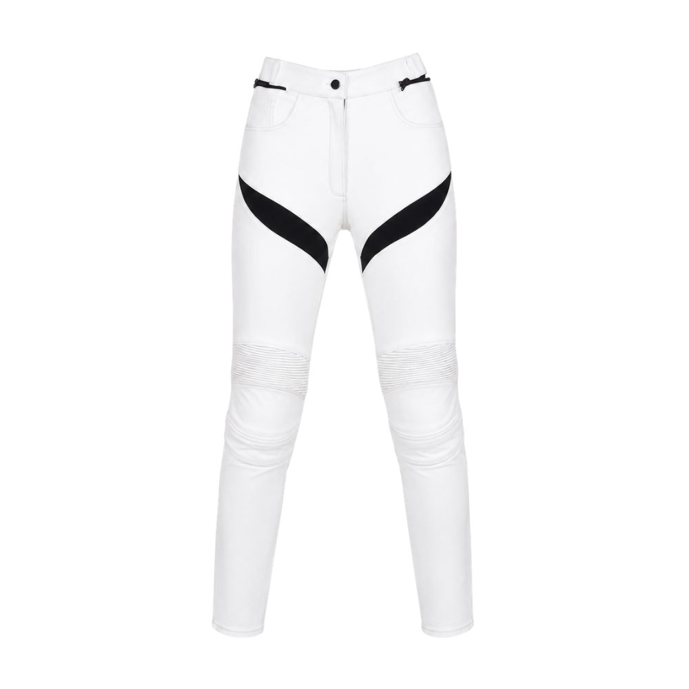 Women’s White Motorcycle Leather Riding Pants - Kvell Sports Kvell Sports women’s white motorcycle leather riding pants with black panels