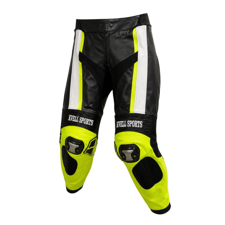 Black leather motorcycle racing pants with CE armor and stretch panels.