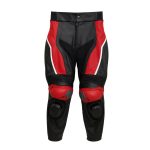 Kvell Sports red and black motorcycle leather racing pants with knee protection