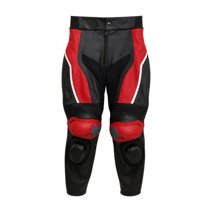 Kvell Sports red and black motorcycle leather racing pants with knee protection