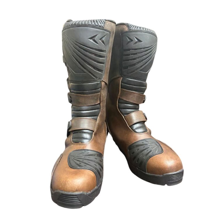 Kvell brown leather adventure motorcycle boots with TPU protection and adjustable buckle closures.
