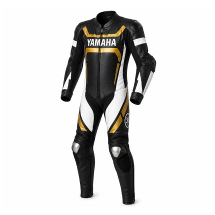 Kvell Sports black white and gold one-piece motorcycle racing leather suit