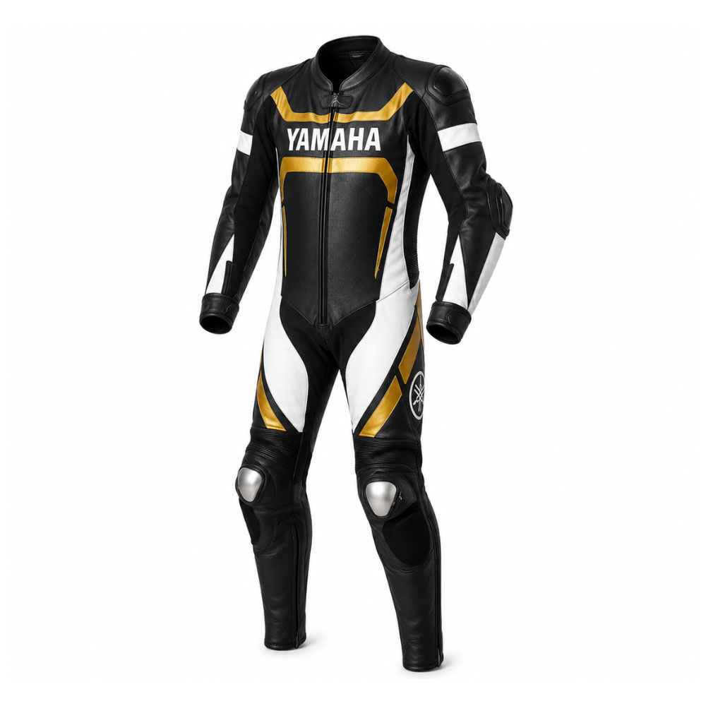 Kvell Sports One-Piece Motorcycle Racing Leather Suit Kvell Sports black white and gold one-piece motorcycle racing leather suit