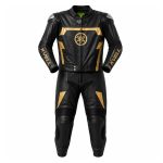 Kvell Sports black and gold two-piece motorcycle leather racing suit