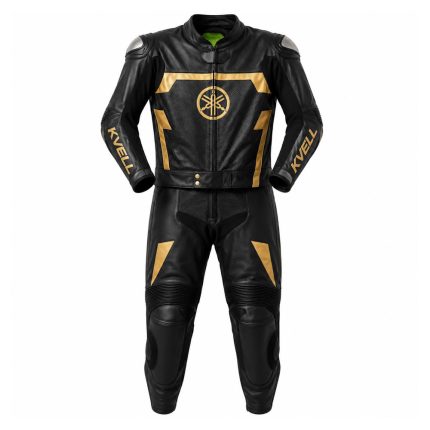 Kvell Sports black and gold two-piece motorcycle leather racing suit