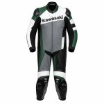 Green white and black motorcycle leather racing suit with knee sliders