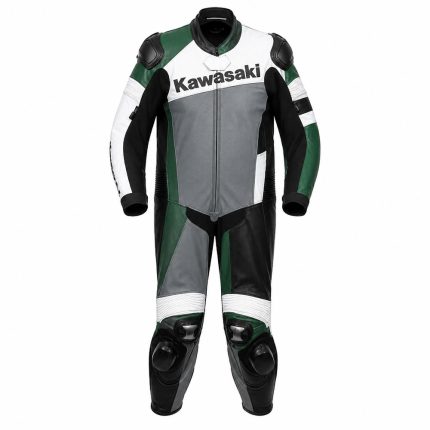Green white and black motorcycle leather racing suit with knee sliders