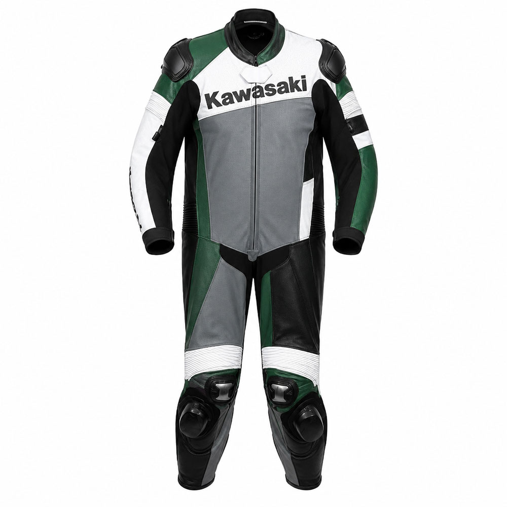 Kvell Sports Green White & Black Motorcycle Racing Suit Green white and black motorcycle leather racing suit with knee sliders