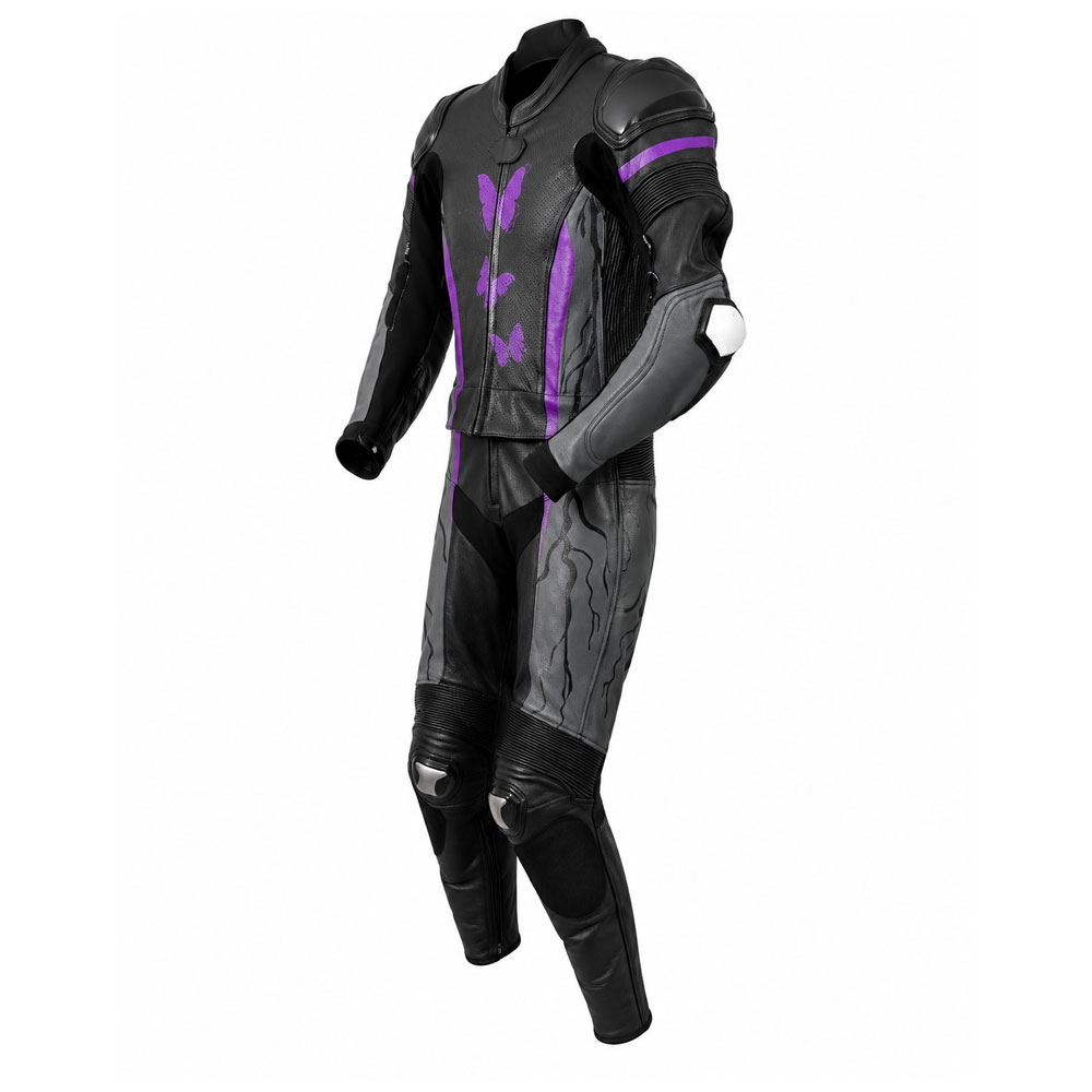 Kvell Sports Women’s Black Grey & Purple Motorcycle Racing Suit Kvell Sports women's black grey and purple motorcycle leather racing suit