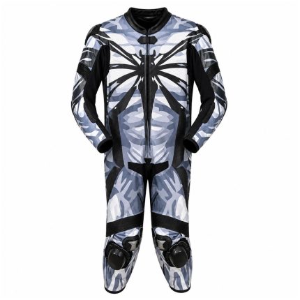 Kvell Sports Spider grey camo one-piece motorcycle leather racing suit