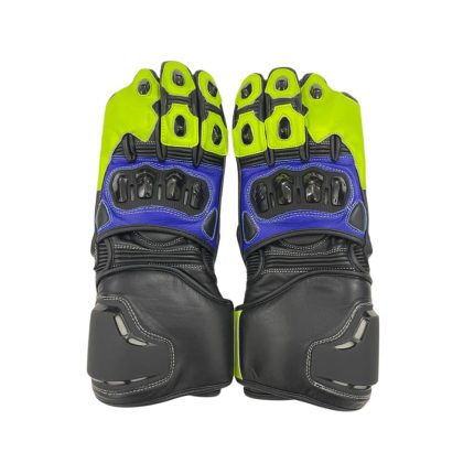 Kvell Sports Volt-X Pro neon yellow blue and black motorcycle racing gloves