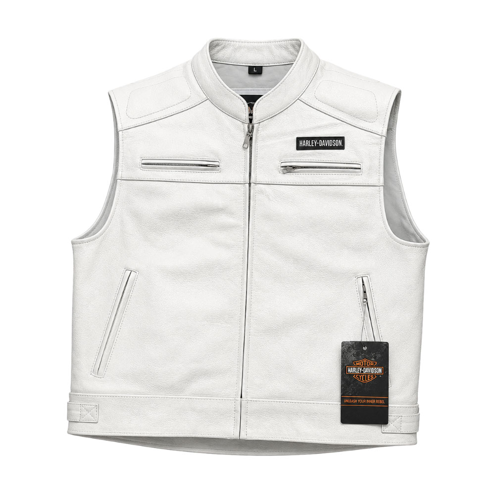 White Motorcycle Leather Riding Vest - Kvell Sports Kvell Sports White Motorcycle Leather Riding Vest Front View