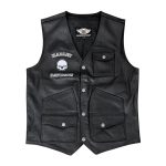 Kvell Sports Roadmaster black leather motorcycle vest with snap buttons and utility pockets