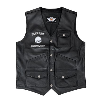 Kvell Sports Roadmaster black leather motorcycle vest with snap buttons and utility pockets