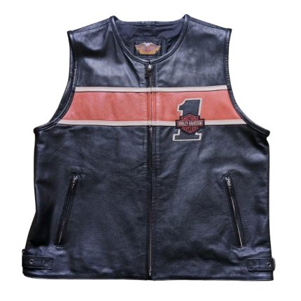 Kvell Sports Heritage Stripe black leather motorcycle vest with front zipper and zippered pockets