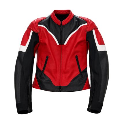 Kvell Sports red black motorcycle racing leather jacket with white racing panels