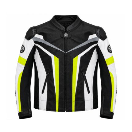 Kvell Sports black white and fluorescent yellow motorcycle racing leather jacket