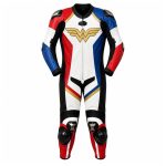 Kvell Sports Wonder Woman inspired red blue white and gold motorcycle leather racing suit