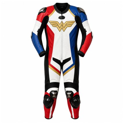 Kvell Sports Wonder Woman inspired red blue white and gold motorcycle leather racing suit