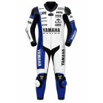 White blue and black Yamaha racing edition motorcycle leather racing suit