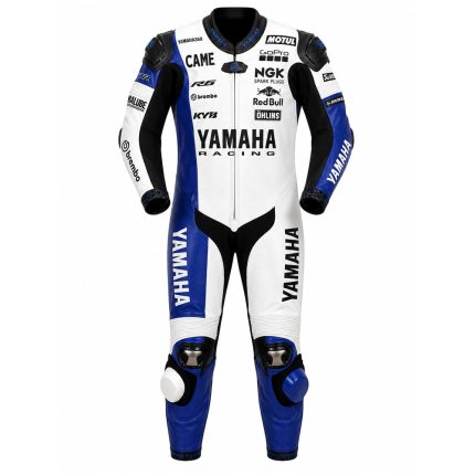 White blue and black Yamaha racing edition motorcycle leather racing suit