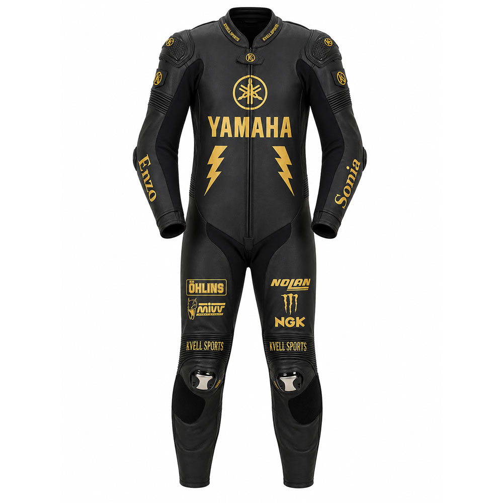 Kvell Sports Yamaha Black Gold Motorcycle Racing Suit Kvell Sports Yamaha black and gold custom motorcycle leather racing suit