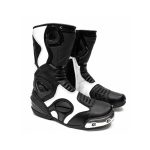 Kvell Sports Apex Pro black and white motorcycle racing boots with shin and ankle protection