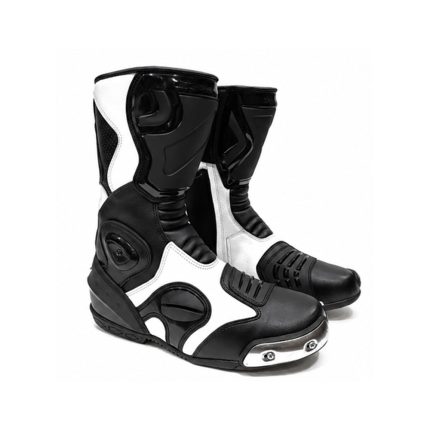 Kvell Sports Apex Pro black and white motorcycle racing boots with shin and ankle protection