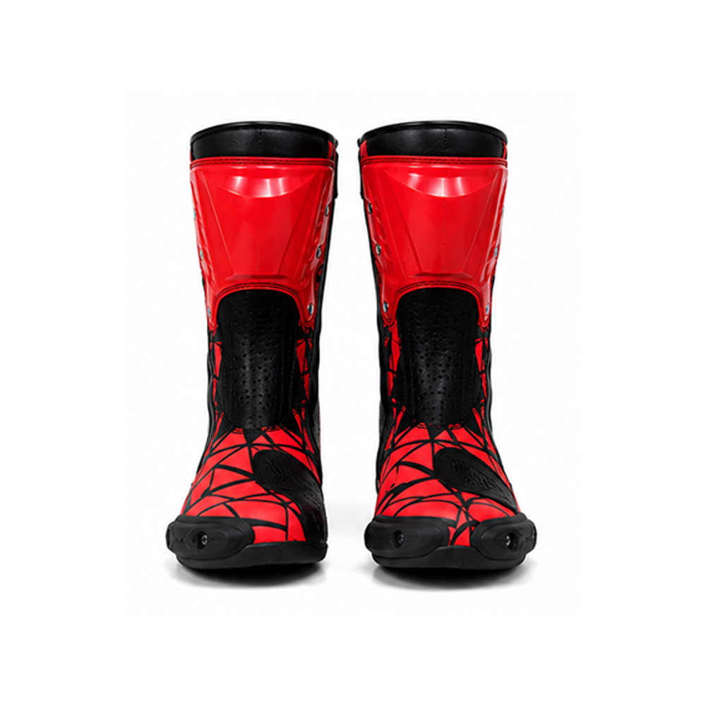 Kvell Sports WebStrike Red & Black Motorcycle Racing Boots Kvell Sports WebStrike red and black motorcycle racing boots with web-inspired design