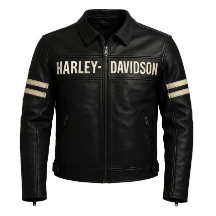 Kvell Sports vintage black motorcycle leather jacket with contrast sleeve stripes