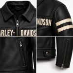 Kvell Sports vintage black motorcycle leather jacket with contrast sleeve stripes